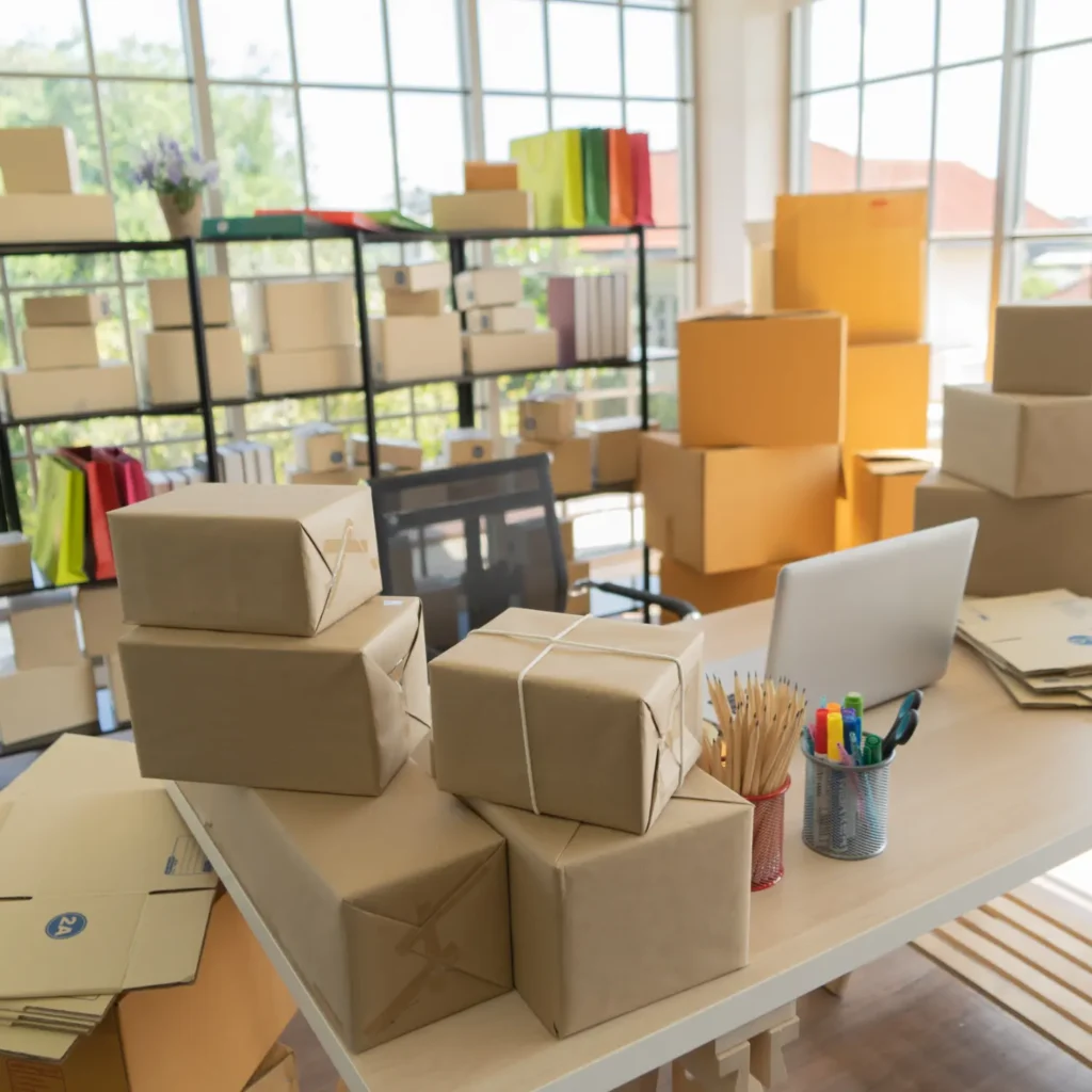 Firmenumzug Hamburg - gepackte Bürokartons auf Schreibtisch neben Computer