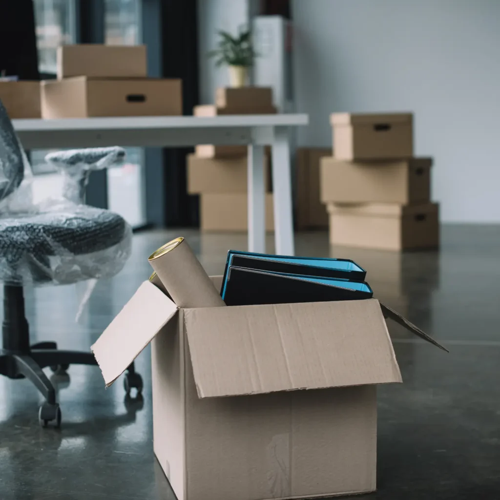 Firmenumzug Hamburg - offener Umzugskarton mit Büchern im Büro