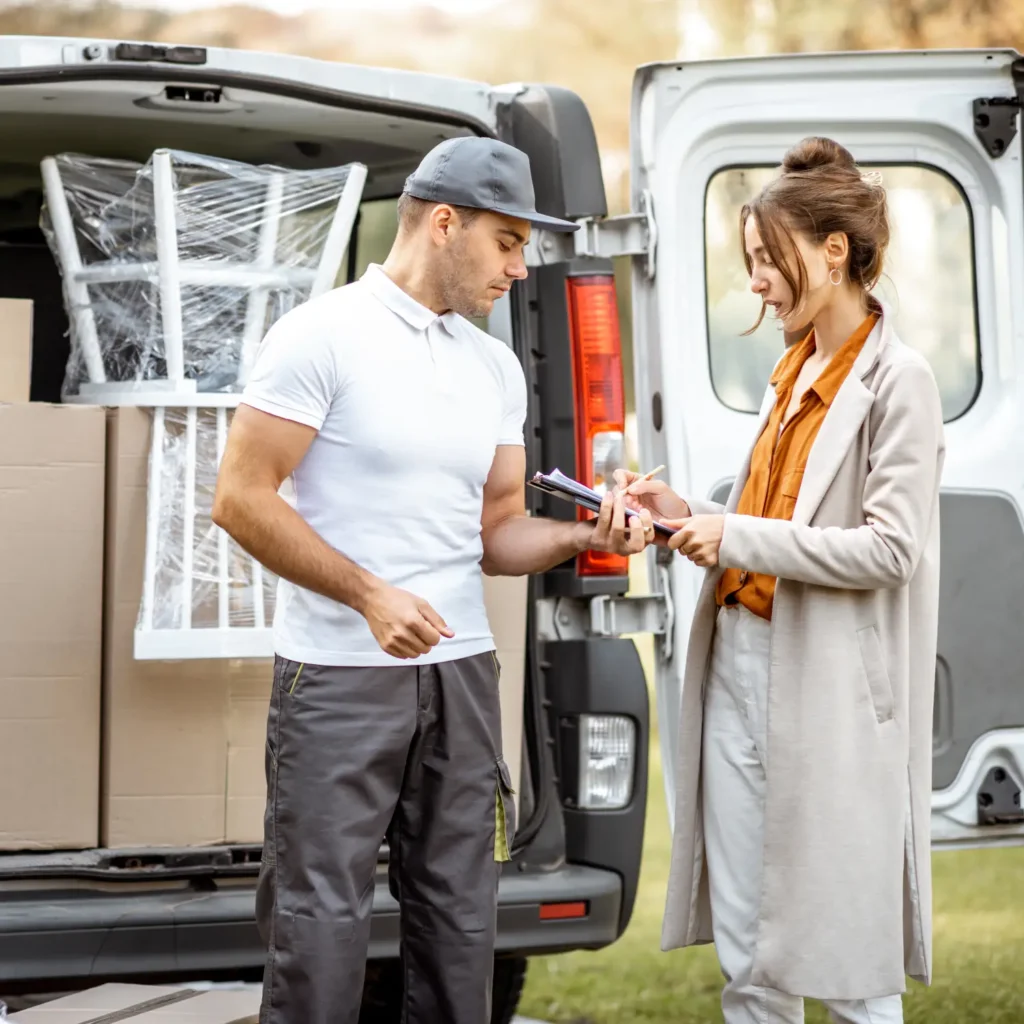 Möbel-Lieferant im Gespräch mit Kundin, die die Lieferung vom Möbeltaxi Hamburg unterschreibt