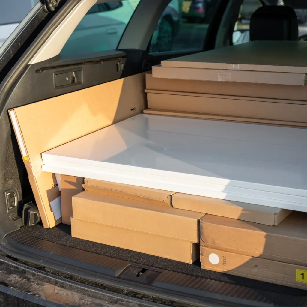 Kofferraum eines Autos gefüllt mit flach verpackten IKEA-Möbelkartons, bereit für den Transport mit einem Möbeltaxi Hamburg