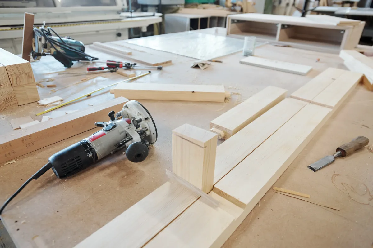 Profi-Werkzeug und Holzteile bereit für die Möbelmontage Hamburg